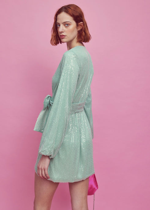Alice Tie-Waist Mini-Dress - Green Sequin