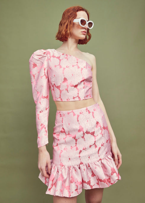 Joanna Co-ord Peplum Mini Skirt - Pink Jacquard.