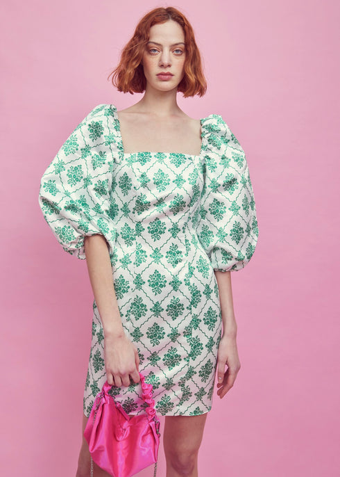 Blair Puff Sleeve Mini-Dress - White-Green