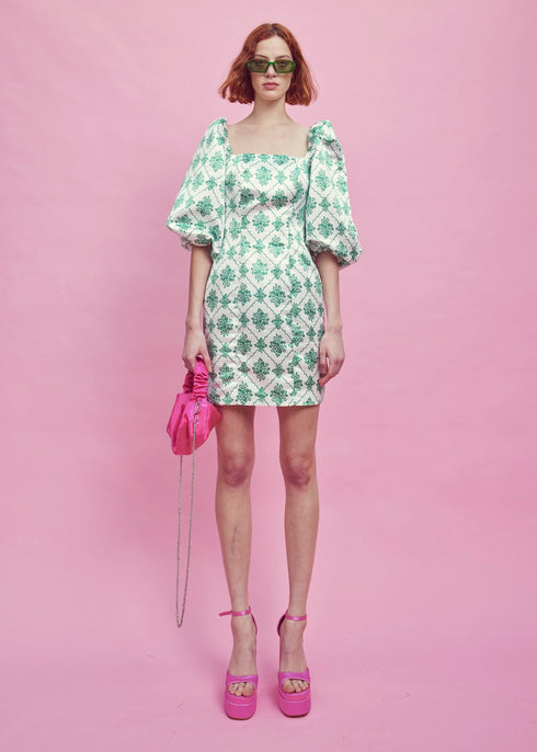 Blair Puff Sleeve Mini-Dress - White-Green
