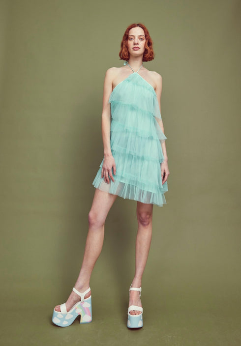 Nina Pleated Tulle Halterneck Mini-Dress - Turquoise