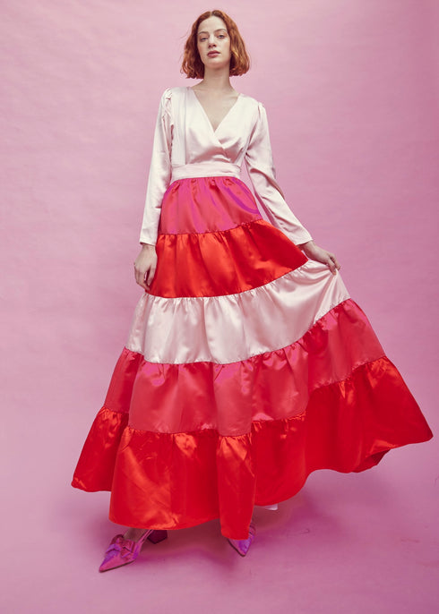 Nancy Gathered Tiered Midi Skirt - Pink/Red