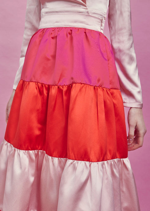 Nancy Gathered Tiered Midi Skirt - Pink/Red