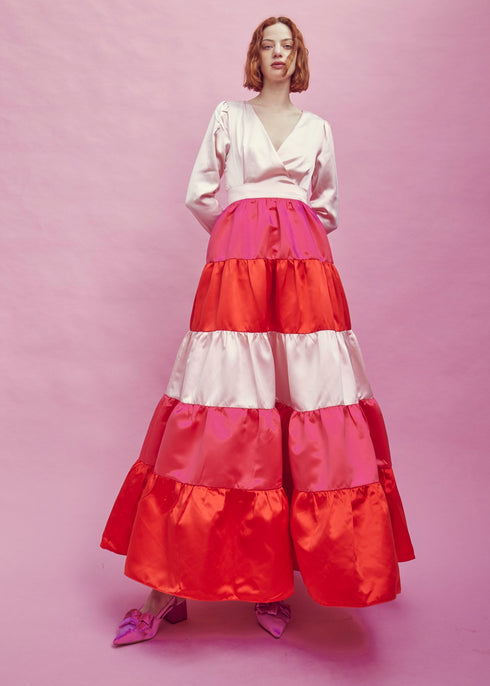 Nancy Gathered Tiered Midi Skirt - Pink/Red