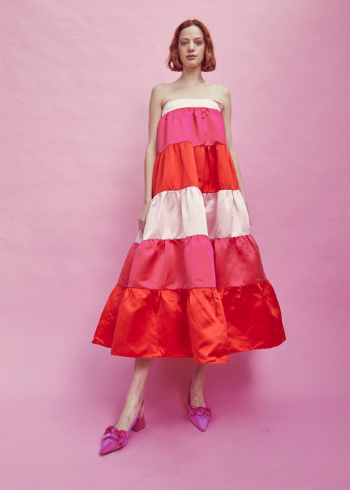 Nancy Gathered Tiered Midi Skirt - Pink/Red