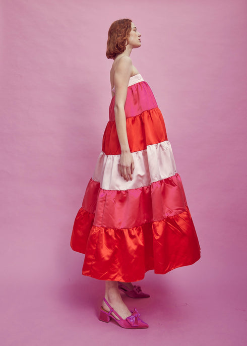 Nancy Gathered Tiered Midi Skirt - Pink/Red