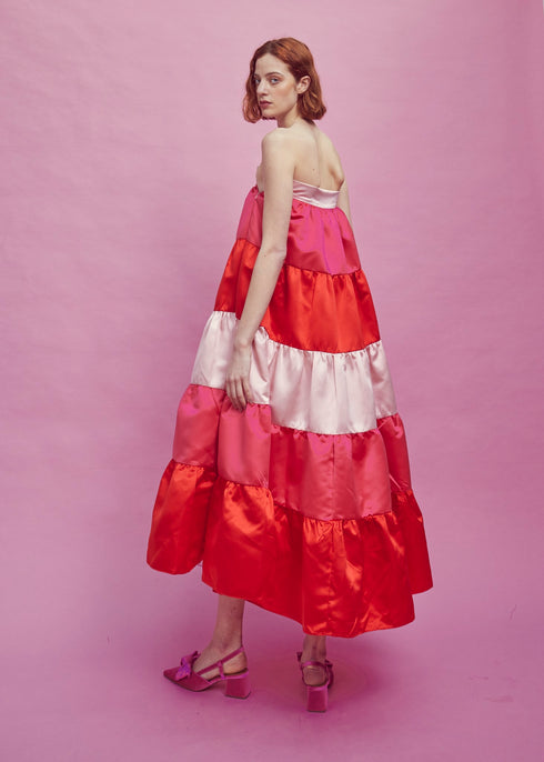 Nancy Gathered Tiered Midi Skirt - Pink/Red