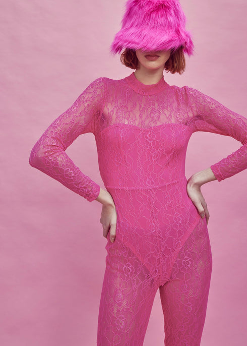 Petite Zoe Lace Full Length Bodysuit - Pink