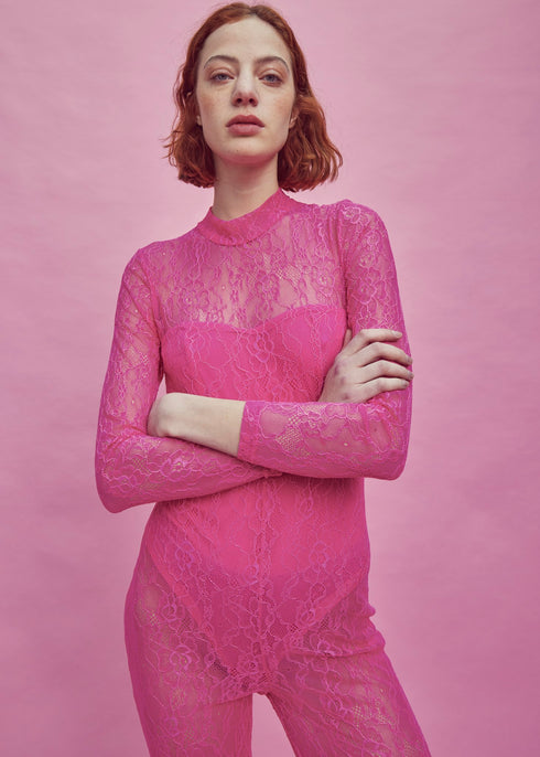 Petite Zoe Lace Full Length Bodysuit - Pink
