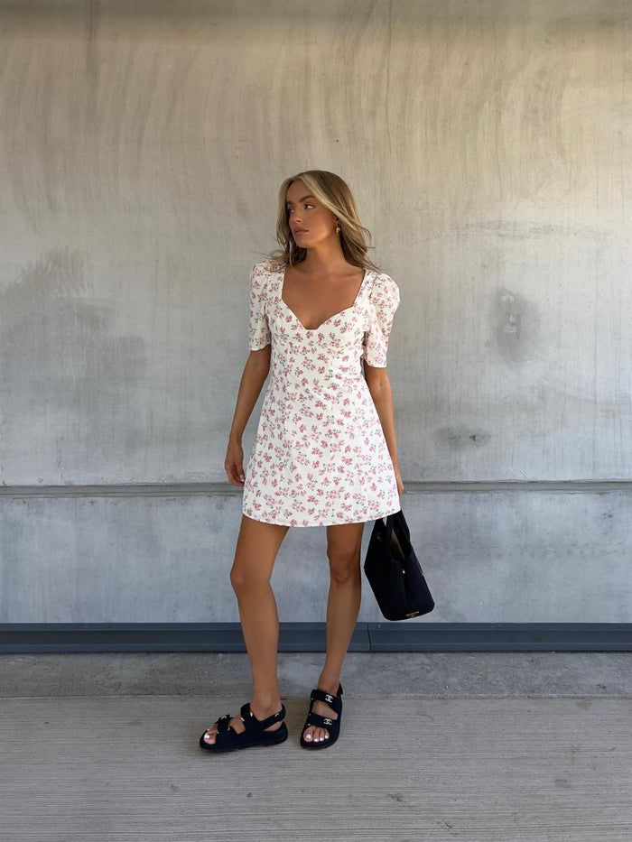 collective the label Lola Skater Mini-Dress - Cream-Pink Bouquet