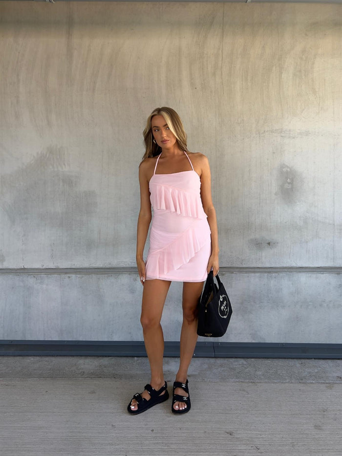 collective the label Kendall Halterneck Ruffle Mini Dress - Pale-Pink