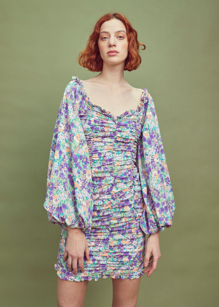 collective the label Isabella Ruched Mini Dress - Lilac Floral