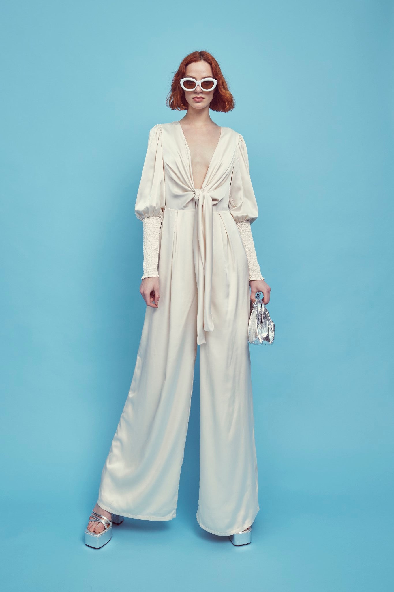 Frances Plunge Front Jumpsuit Oyster Collective The Label